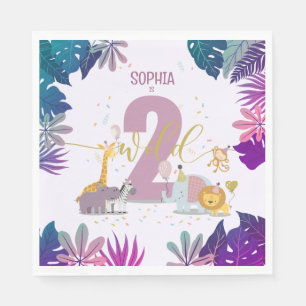 Cute Safari Animals Two Wild Girl Birthday Paper Napkin