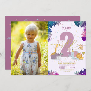 Cute Safari Animals Two Wild Girl Photo Birthday Invitation
