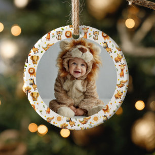 Cute Safari Animals WILD ONE 1st Birthday Photo Ceramic Ornament