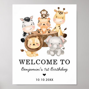 Cute Safari Animals Wild One 1st Birthday Welcome Poster
