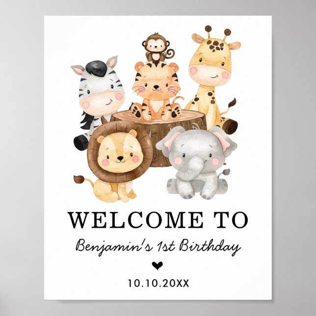 Cute Safari Animals Wild One 1st Birthday Welcome Poster (Front)