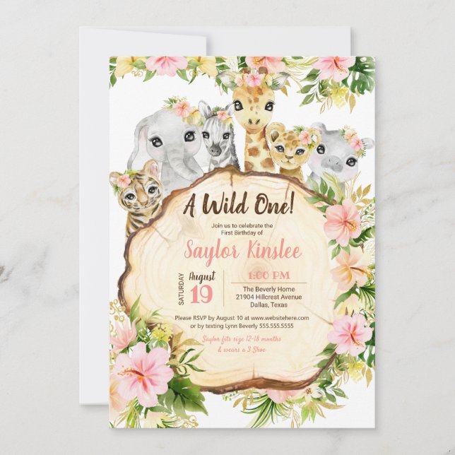  Cute Safari Animals Wild One Girl First Birthday Invitation (Front)