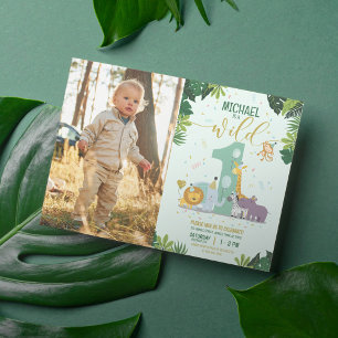 Cute Safari Animals Wild One Photo Birthday Invitation
