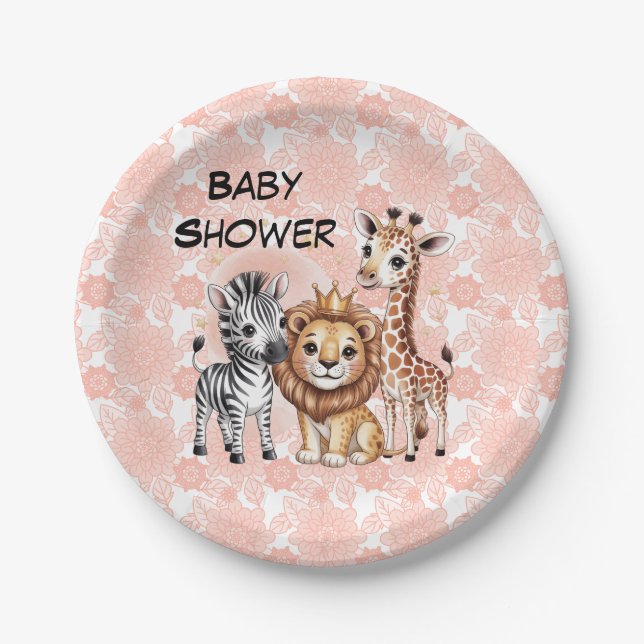 Cute Safari Animals With Pink Florals Paper Plate (Front)