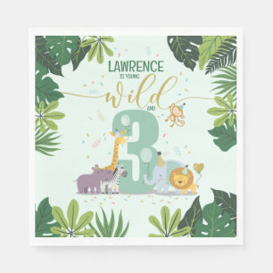 Cute Safari Animals Young Wild & 3 Birthday Paper Napkin