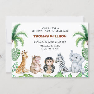 Cute safari baby animals birthday invitation
