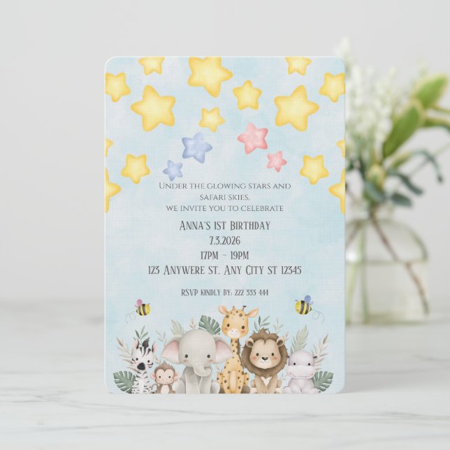 Cute Safari Baby Animals Birthday Invitation (Standing Front)