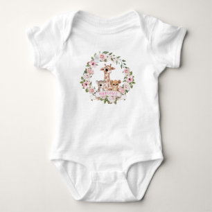 Cute Safari Baby Animals Pink Rose Floral Bodysuit