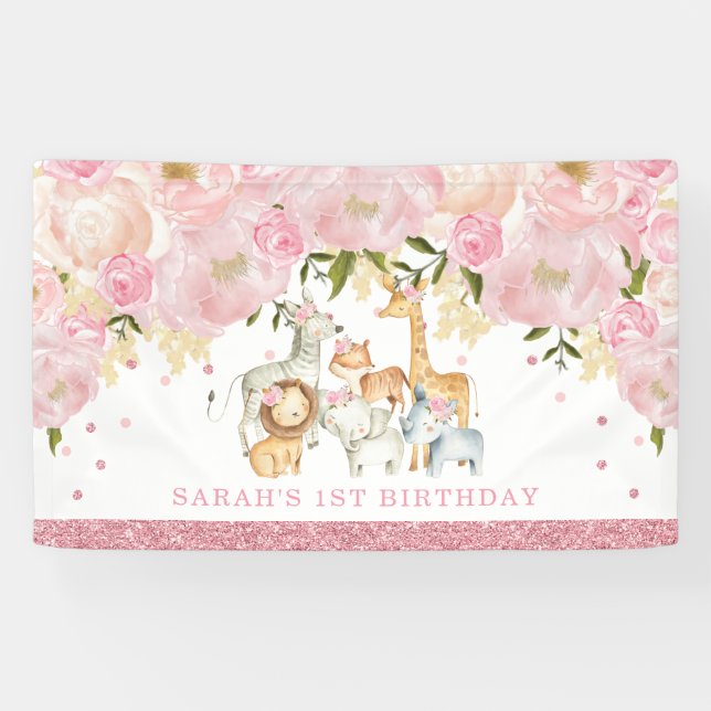 Cute Safari Baby Animals Rose Gold Blush Floral Banner (Horizontal)