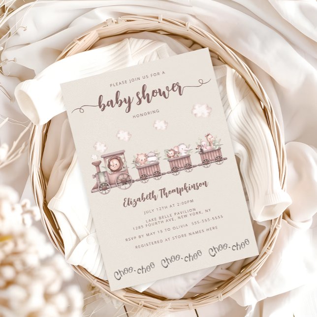 Cute Safari Baby Animals Train Baby Shower Invitation (Creator Uploaded)