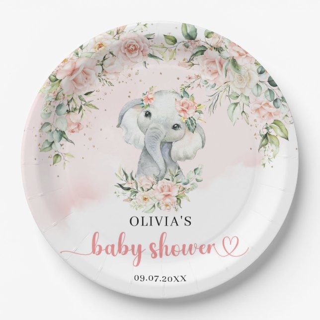 Cute safari baby elephant eucalyptus blush gold paper plate (Front)
