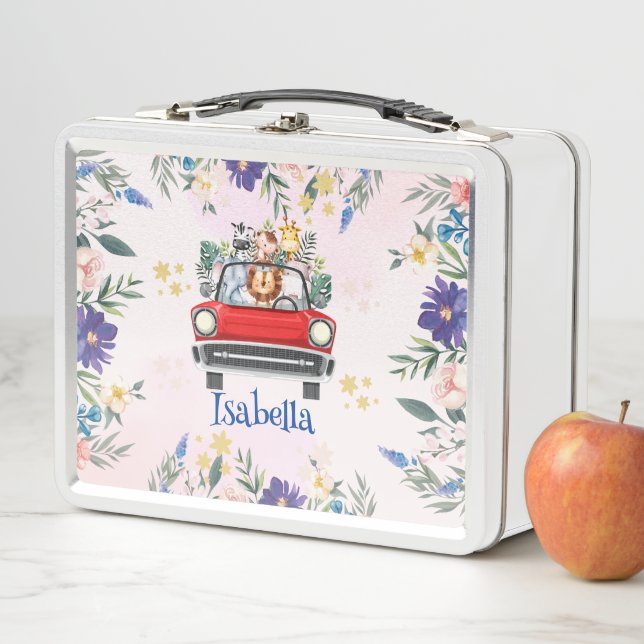 Cute safari cub car Tropical flower Birthday party Metal Lunch Box (In Situ)