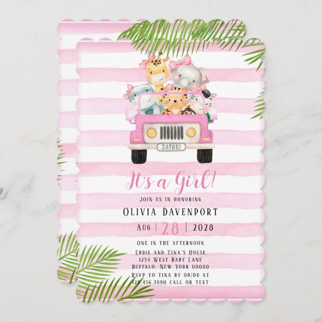 Cute Safari Elephant & Friends Girl Baby Shower  Invitation (Front/Back)