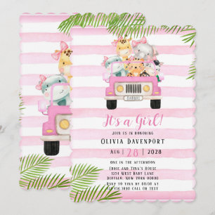 Cute Safari Elephant & Friends Girl Baby Shower  Invitation