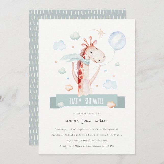 Cute Safari Giraffe Star Cloud Balloon Baby Shower Invitation (Front/Back)