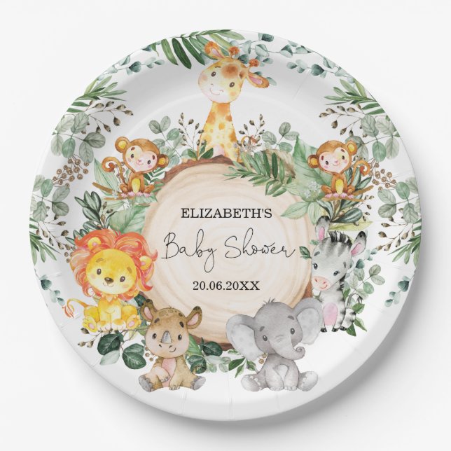 Cute Safari Greenery Jungle Baby Animals Shower Paper Plate (Front)