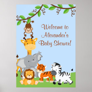 Cute Safari Jungle Animals Baby Boy Shower Poster