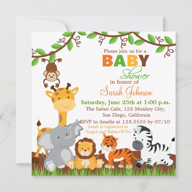 Cute Safari Jungle Animals Baby Shower Invitation (Front)