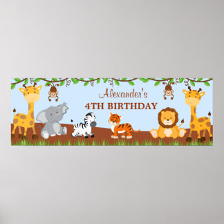 Cute Safari Jungle Animals Birthday Party Banner Poster