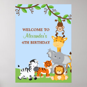 Cute Safari Jungle Animals Birthday Party Banner Poster