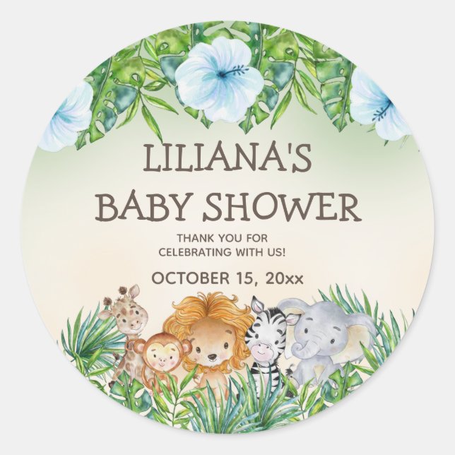 Cute Safari Jungle Animals Boy Baby Shower  Classic Round Sticker (Front)