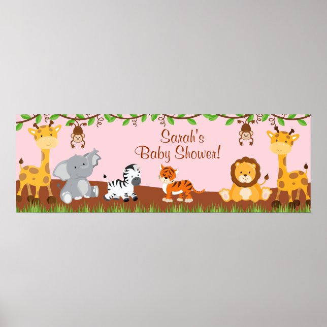 Cute Safari Jungle Animals Girl Baby Shower Banner Poster (Front)