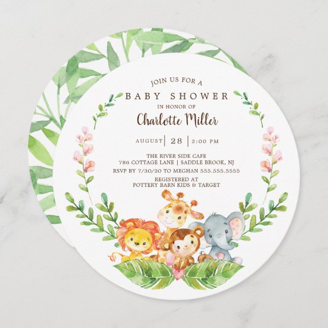 Cute Safari Jungle Animals Girls Baby Shower Invitation (Front/Back)