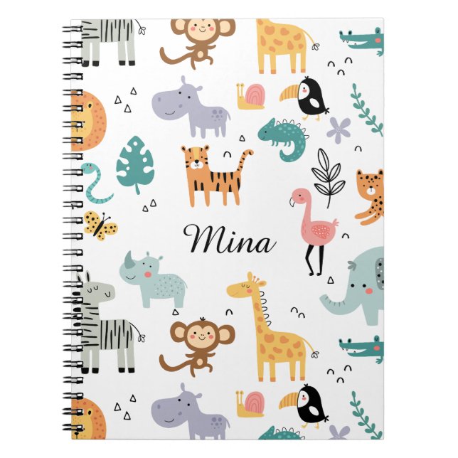 Cute Safari Jungle Animals Personalized Baby Name Notebook (Front)