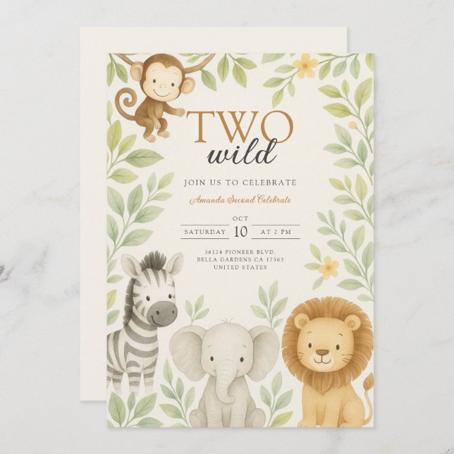 Cute Safari Jungle Baby Animals Birthday Invitation (Front/Back)