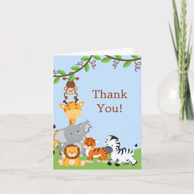 Cute Safari Jungle Baby Animals Thank You Card (Front)