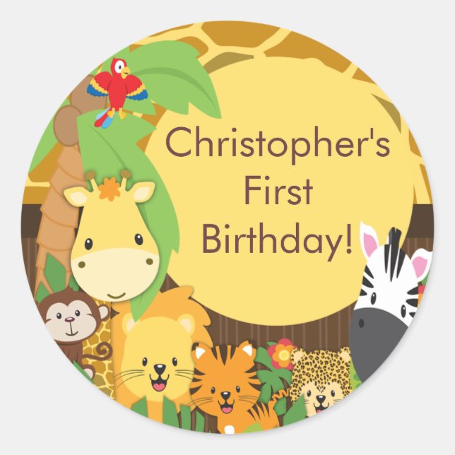 Cute Safari Jungle Birthday Party Classic Round Sticker (Front)