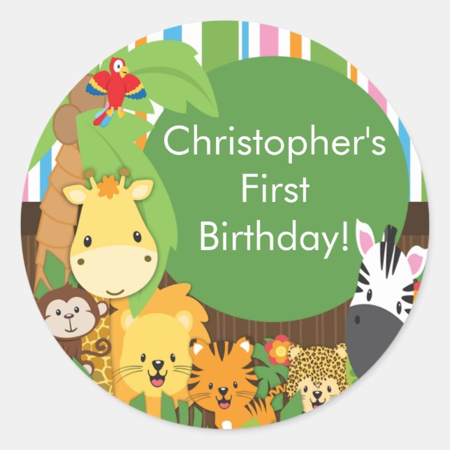 Cute Safari Jungle Birthday Party Classic Round Sticker (Front)