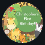 Cute Safari Jungle Birthday Party Classic Round Sticker<br><div class="desc">Start your safari jungle birthday party off right with our adorable safari animals birthday party stickers. Our thank you stickers feature a sweet giraffe lion, tiger, cheetah, monkey, parrot & zebra.. Visit our shop for matching thank you note cards, birthday invitations, thank you stickers and postage stamps. ©Pixal Paper Prints...</div>