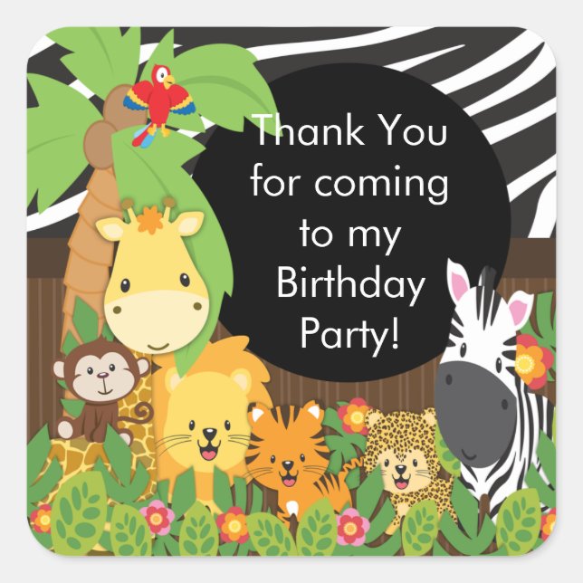 Cute Safari Jungle Birthday Party Square Sticker (Front)