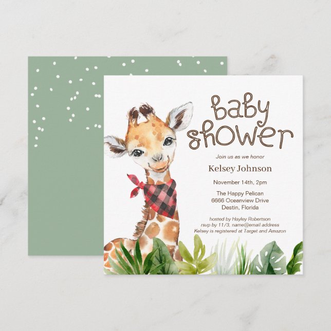 Cute Safari Jungle Giraffe Baby Shower Invitation (Front/Back)