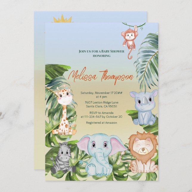 Cute Safari Jungle Little Animals Baby Shower Invitation (Front/Back)