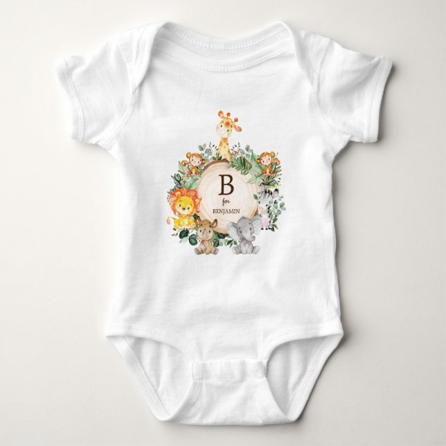 Cute Safari Jungle Wild Animals Custom Monogram Baby Bodysuit (Front)