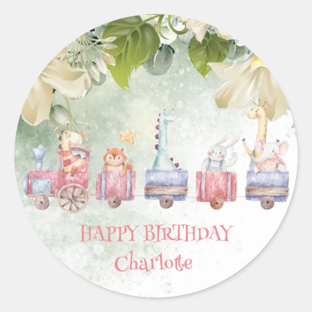 Cute Safari jungle zoo train Birthday party Classic Round Sticker (Front)