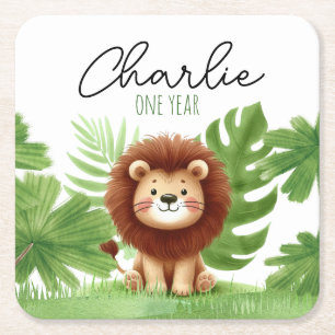 Cute Safari Lion Birthday Square Paper Coaster