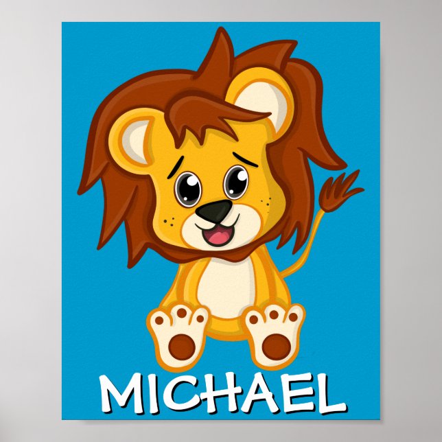 Cute Safari Lion Cartoon Jungle Name Blue Zoo Poster (Front)