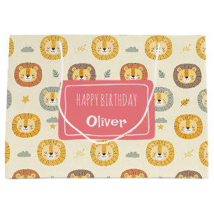 Cute Safari Lion Face Pattern Personalised  Large Gift Bag