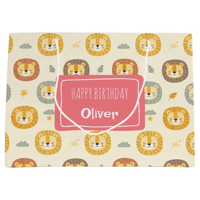 Cute Safari Lion Face Pattern Personalised  Large Gift Bag (Front)