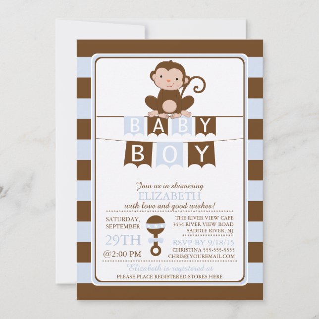 Cute Safari Monkey Boys Baby Shower Invitation (Front)