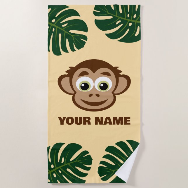 Cute safari monkey cartoon personalised kid's beach towel (Front)