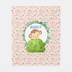 Cute Safari Monkey on Candy Pattern Personalised Fleece Blanket