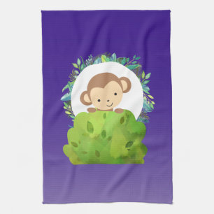 Cute Safari Monkey with Tropical Leaves on Purple Tea Towel