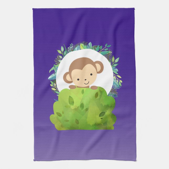 Cute Safari Monkey with Tropical Leaves on Purple Tea Towel (Vertical)