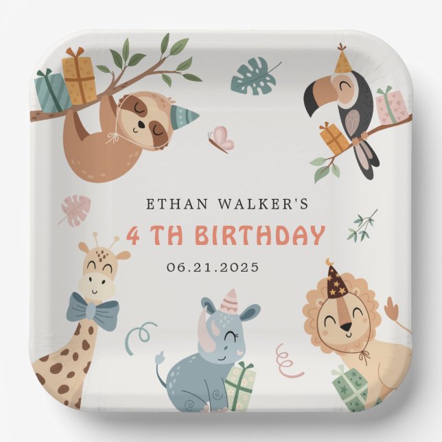 Cute Safari Party Animals Kids Birthday Paper Plate (Front)