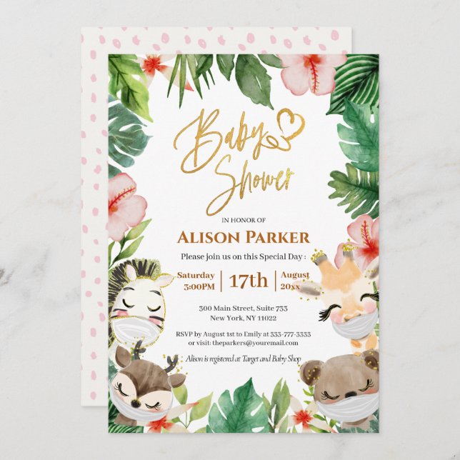 Cute Safari Pink Floral Greenery Baby Girl Shower  Invitation (Front/Back)