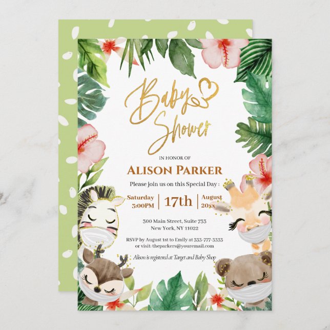 Cute Safari Pink Floral Greenery Baby Shower Invitation (Front/Back)